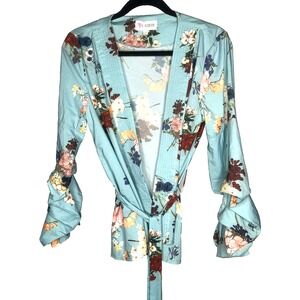 L'atiste Women's Floral Kimono Dolman Long Ruffle Sleeve Tunic Size Small w/belt
